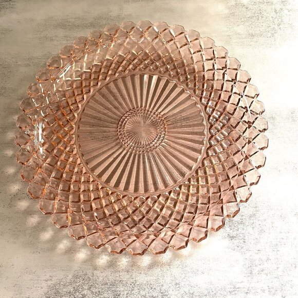 Vintage Anchor Hocking Waterford Waffle Depression Glass Pink Cake Plate 14" - Picture 1 of 5